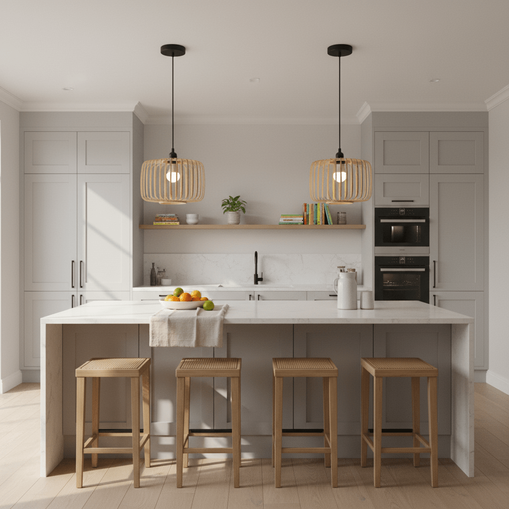 Stylish kitchen featuring Haiku Bamboo & Metal Pendant Lights above a marble island with wooden stools.