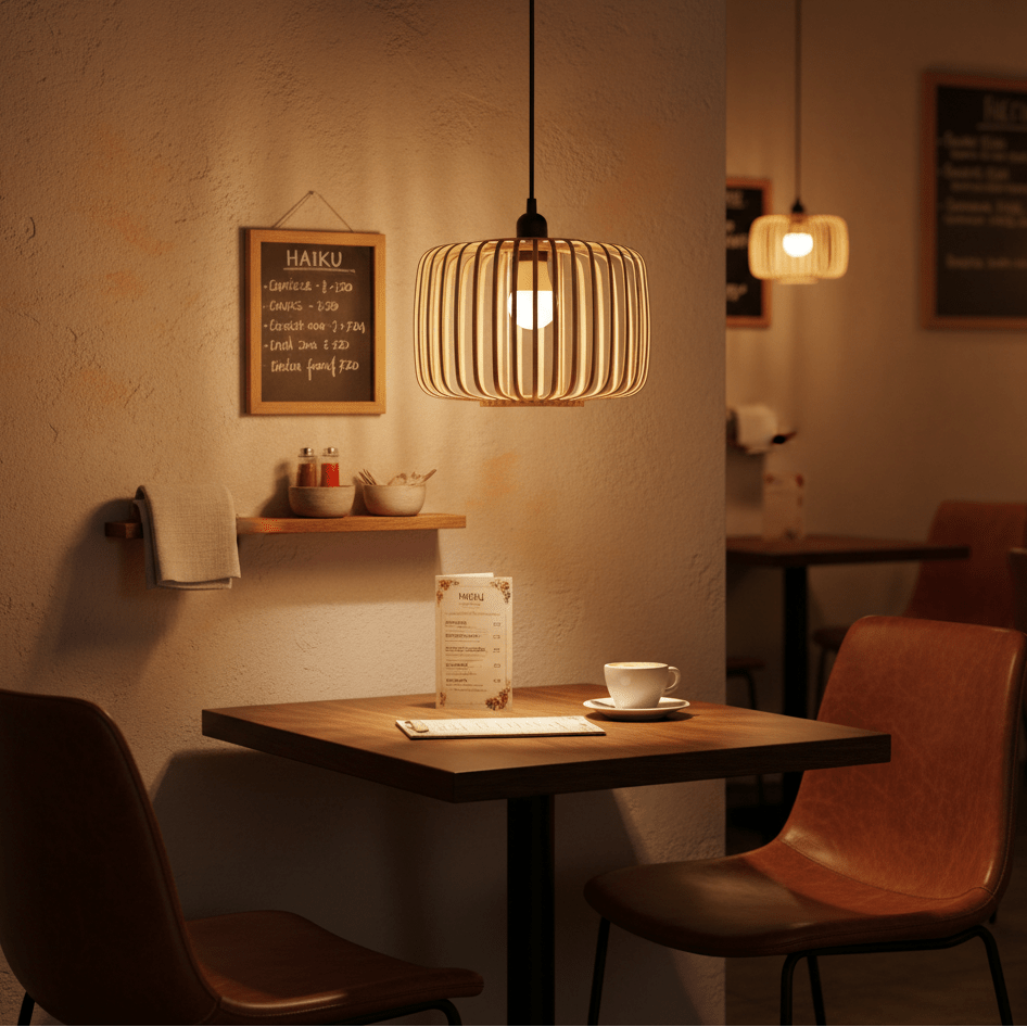 Haiku Bamboo & Metal Pendant Light illuminating a cozy dining table setting in a café.