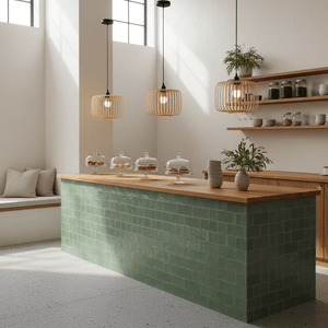 Three Haiku Bamboo & Metal Pendant Lights hang above a wooden counter with green tiles, showcasing a modern kitchen setting.