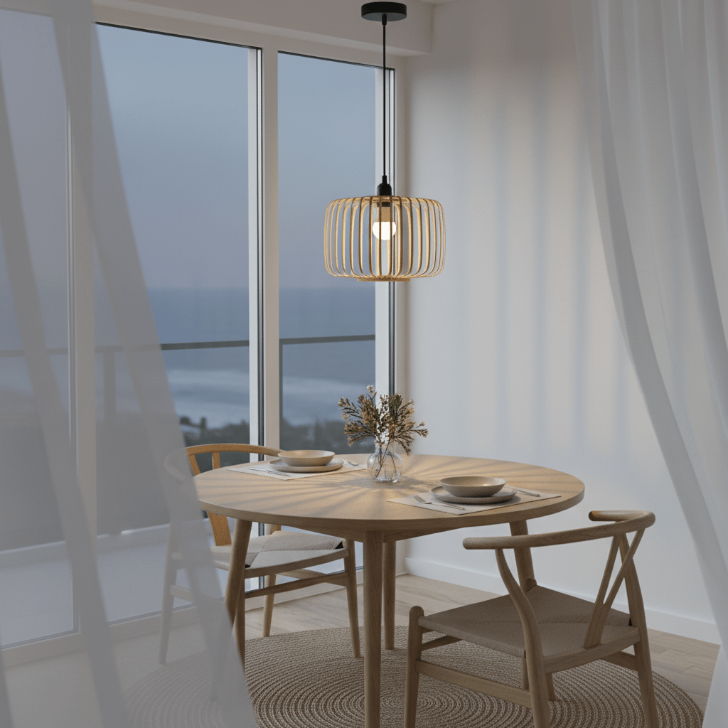 Haiku Bamboo & Metal Pendant Light hanging above a wooden dining table with ocean view.