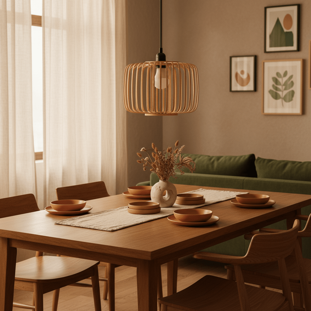 A bamboo and metal pendant light hangs above a wooden dining table set with plates and a vase of dried flowers.