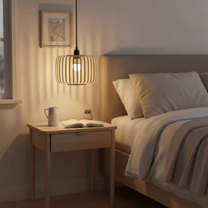 Haiku Bamboo & Metal Pendant Light hanging above a bedside table with a book and a small plant.
