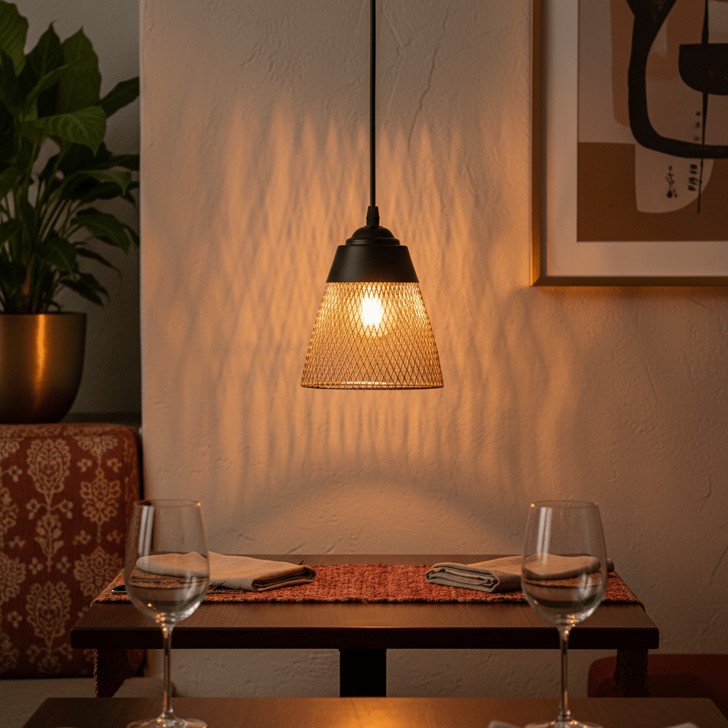 Stylish black and gold pendant light casting warm light over a dining table setting.