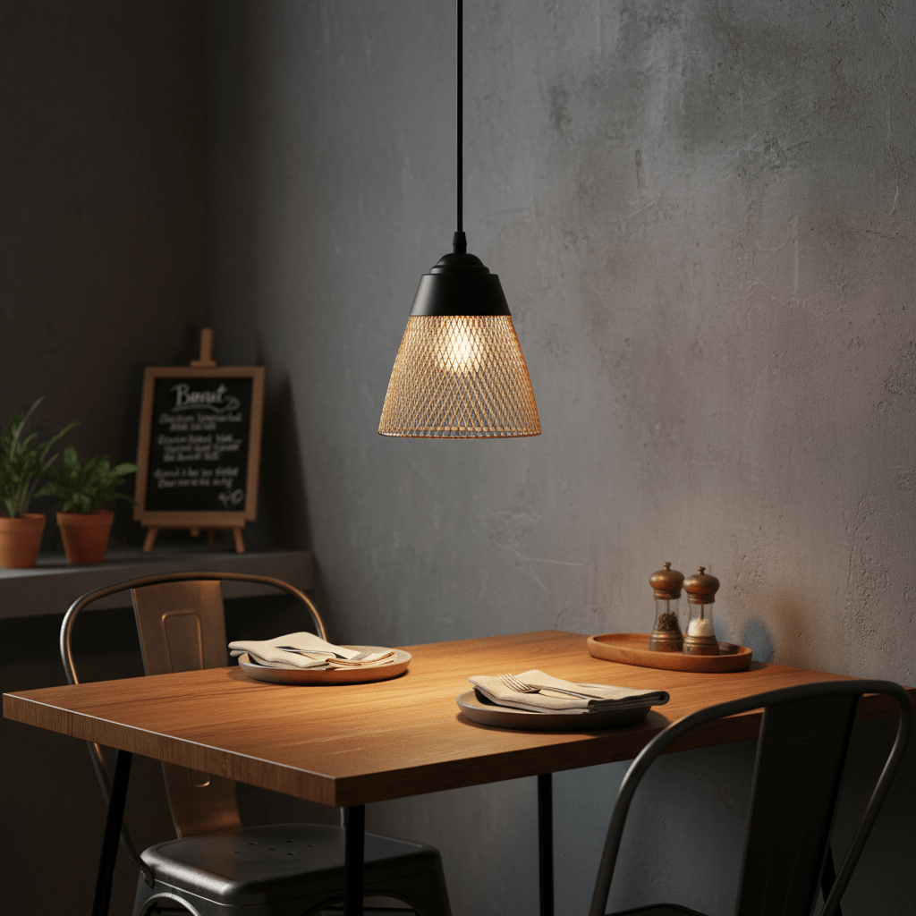Billie black and gold pendant light hanging above a wooden dining table set for two.