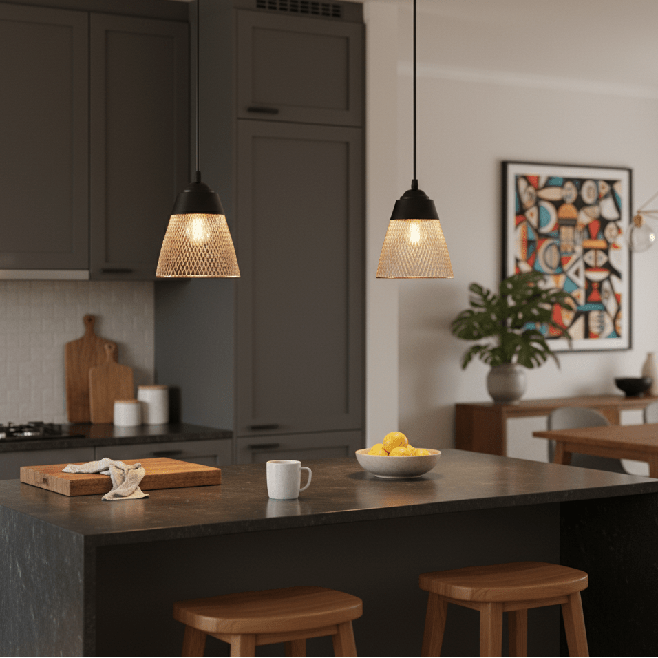 Two Billie black and gold pendant lights hanging over a modern kitchen island with a bowl of lemons and a coffee mug.