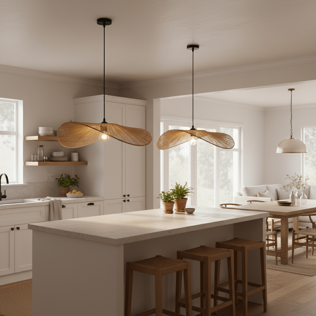 Two Aporia Natural Rattan Pendants hang above a kitchen island, complementing a bright, airy space.