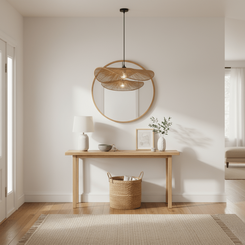 Aporia Natural Rattan Pendant light hanging above a wooden console table with decorative items and a mirror.