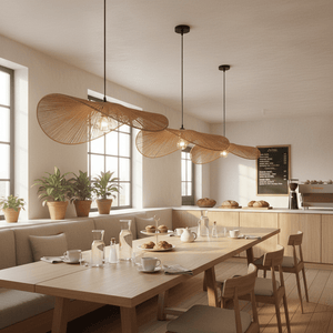 Three Aporia Natural Rattan Pendants hang above a wooden dining table set with drinks and pastries.