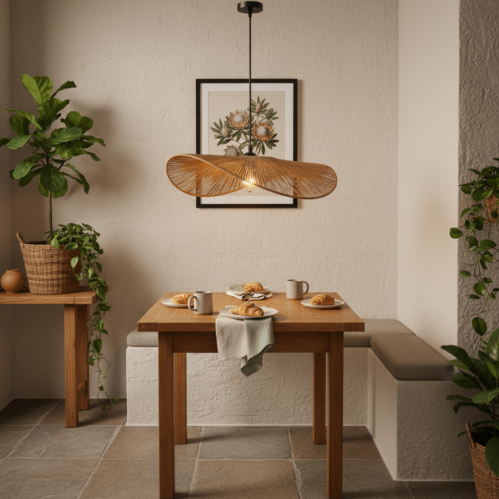 Aporia Natural Rattan Pendant light hanging above a wooden dining table set with pastries and mugs, surrounded by plants.