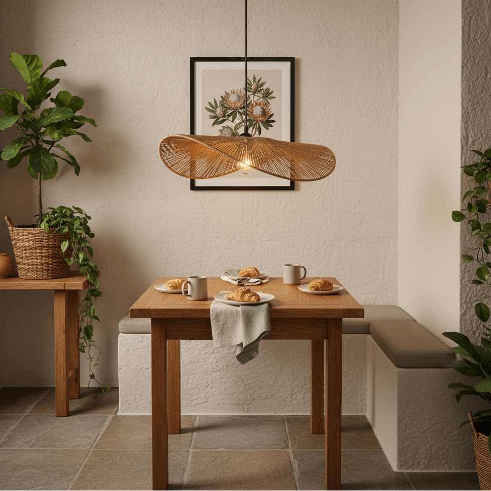 Aporia Natural Rattan Pendant light hanging above a wooden dining table set with pastries and mugs, surrounded by plants.
