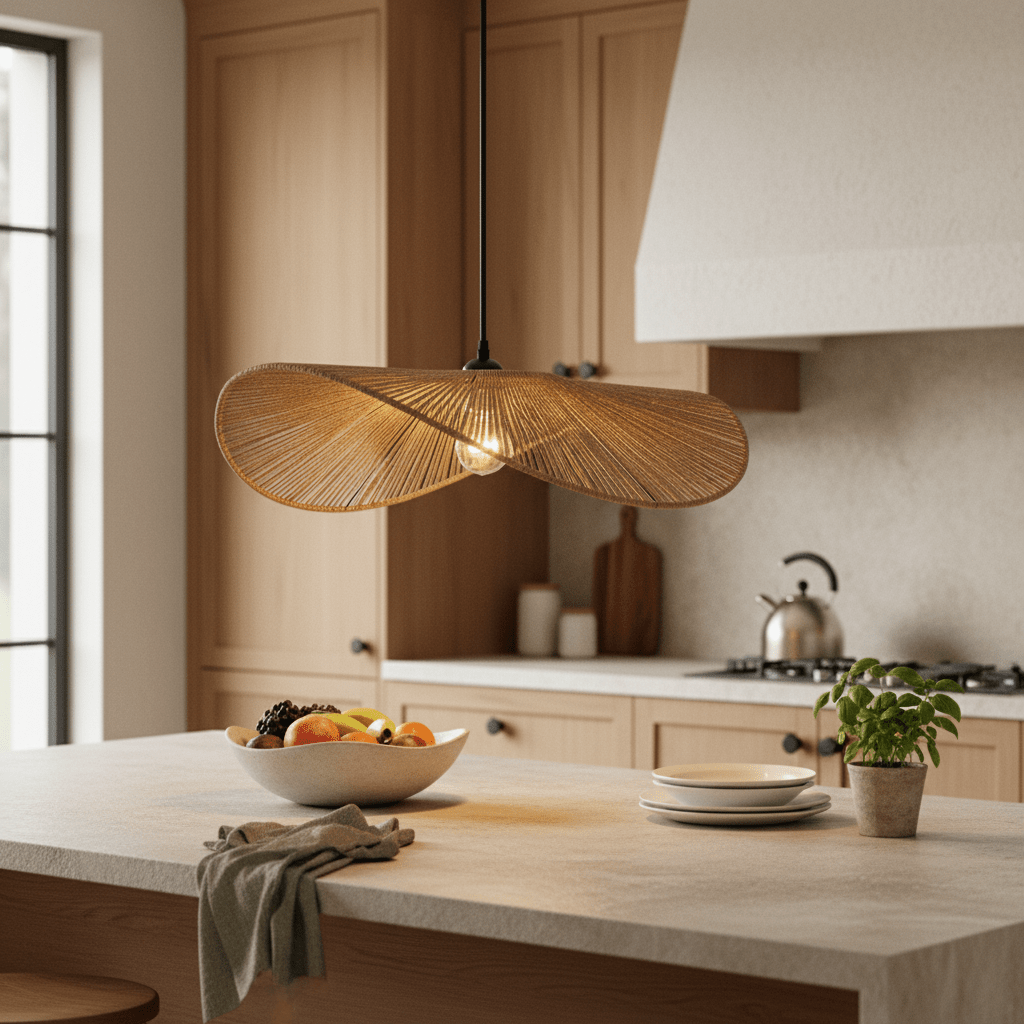 Aporia Natural Rattan Pendant light hanging above a kitchen island with a bowl of fruit and plates.