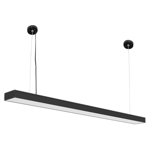 Black linear LED pendant light with adjustable cables, suitable for dining or office spaces.
