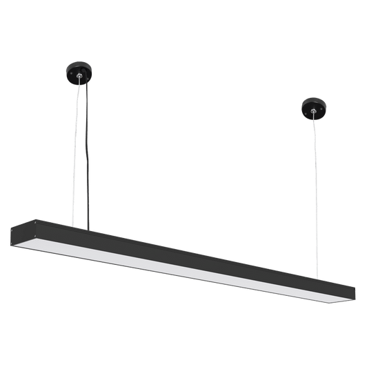Black linear LED pendant light with adjustable cables, suitable for dining or office spaces.