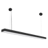 Black linear LED pendant light with adjustable cables, suitable for dining or office spaces.