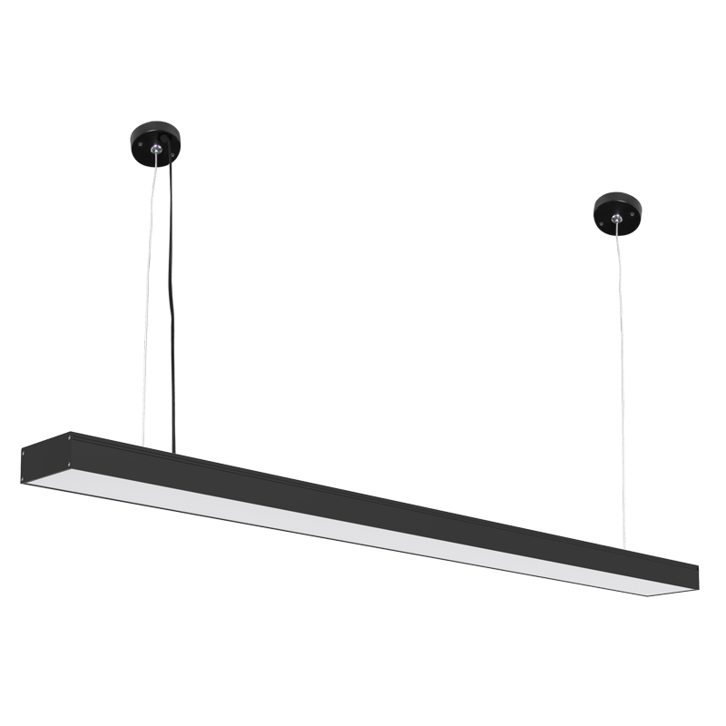 Black linear LED pendant light with adjustable cables, suitable for dining or office spaces.