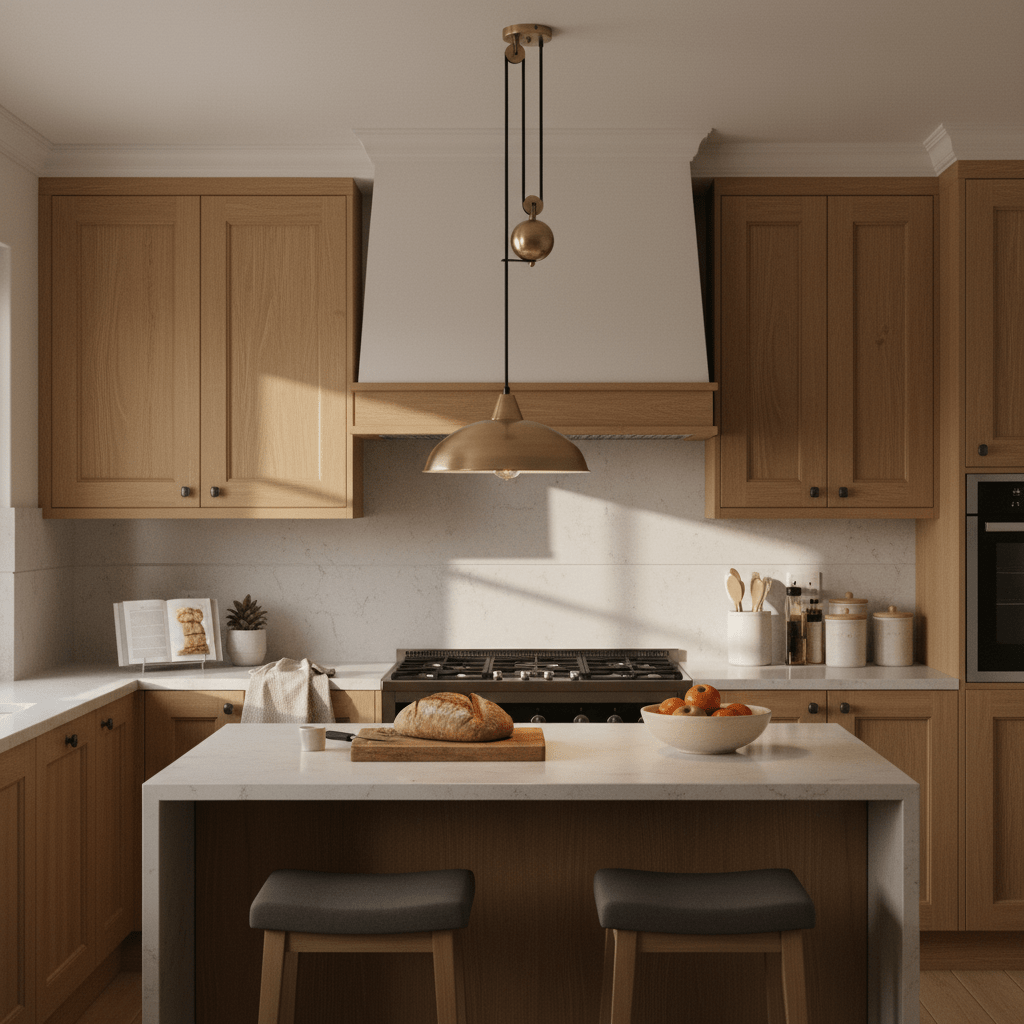 Antique brass pulley pendant light hanging over a kitchen island with bread and fruit on the counter.
