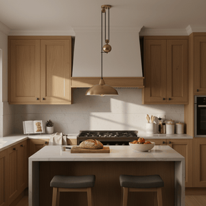Antique brass pulley pendant light hanging over a kitchen island with bread and fruit on the counter.