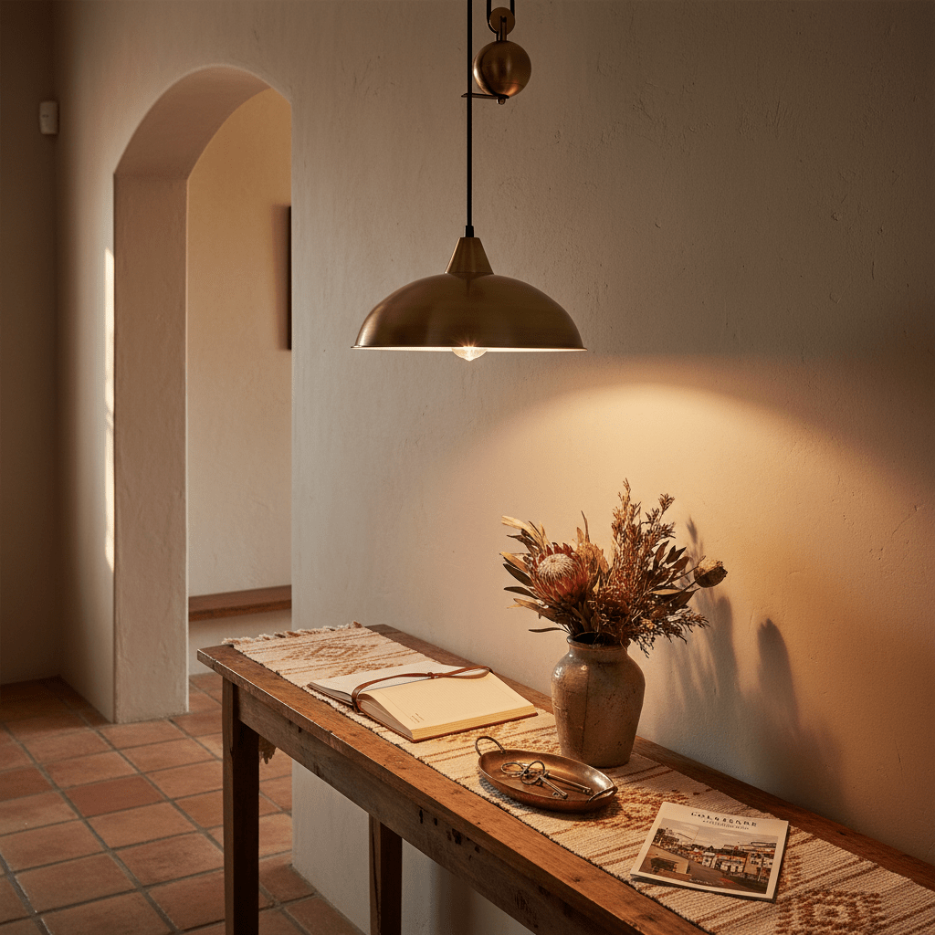 Antique brass pulley pendant light illuminating a rustic wooden table with a vase of dried flowers.