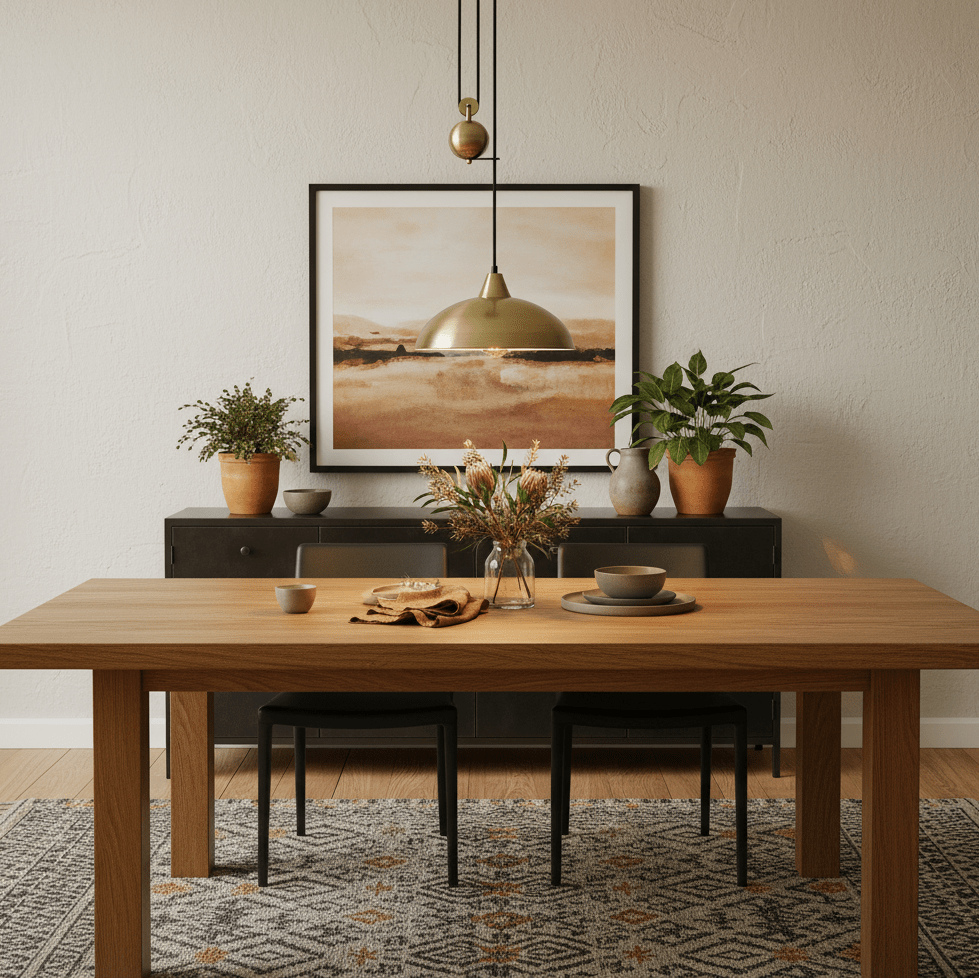 Colchester Antique Brass Pulley Pendant Light hanging above a wooden dining table with decorative plants and tableware.