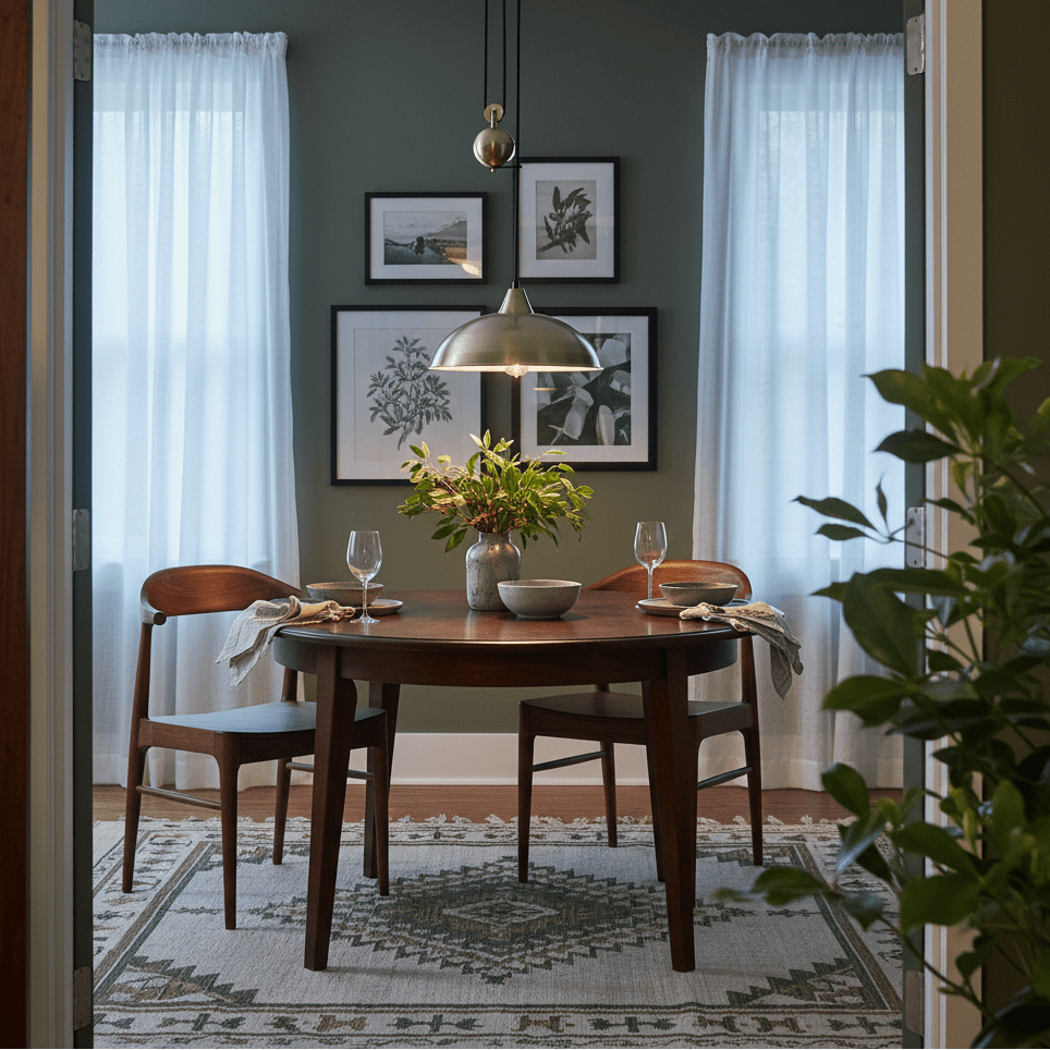Stylish dining area featuring the Colchester Antique Brass Pulley Pendant Light above a wooden table with floral arrangement.