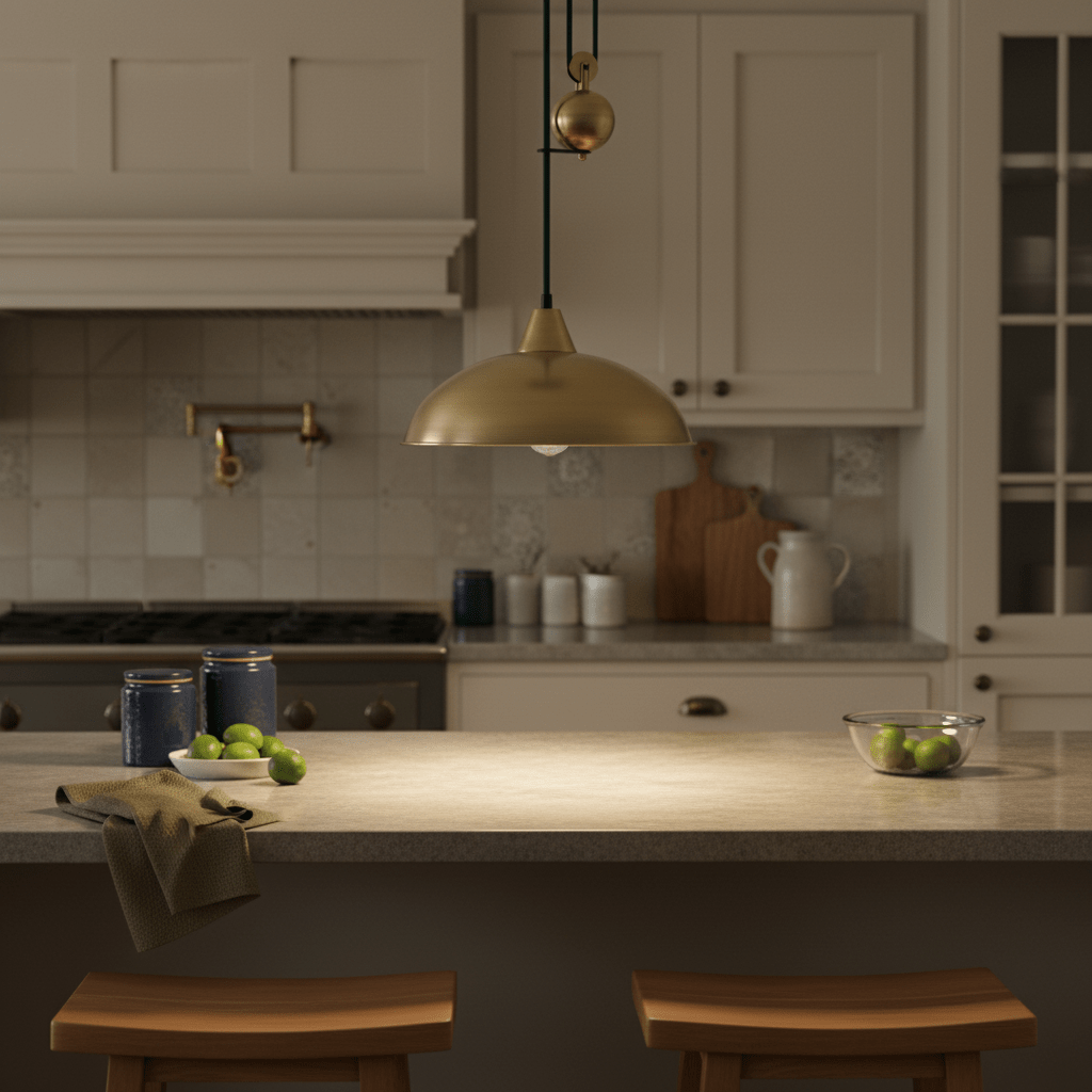 Antique brass pulley pendant light hanging over a kitchen island with limes and kitchenware.
