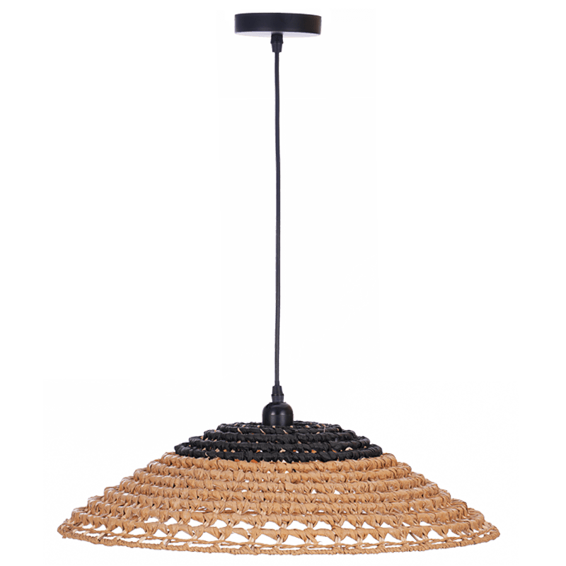 Pendant light with woven natural material and black metal fixture on a white background