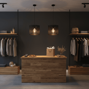 Two black and gold pendant lights illuminate a modern retail space with wooden counter and clothing racks.