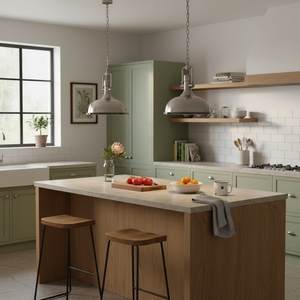 Satin chrome pendant lights hang above a kitchen island with wooden stools, fresh produce, and a vase.