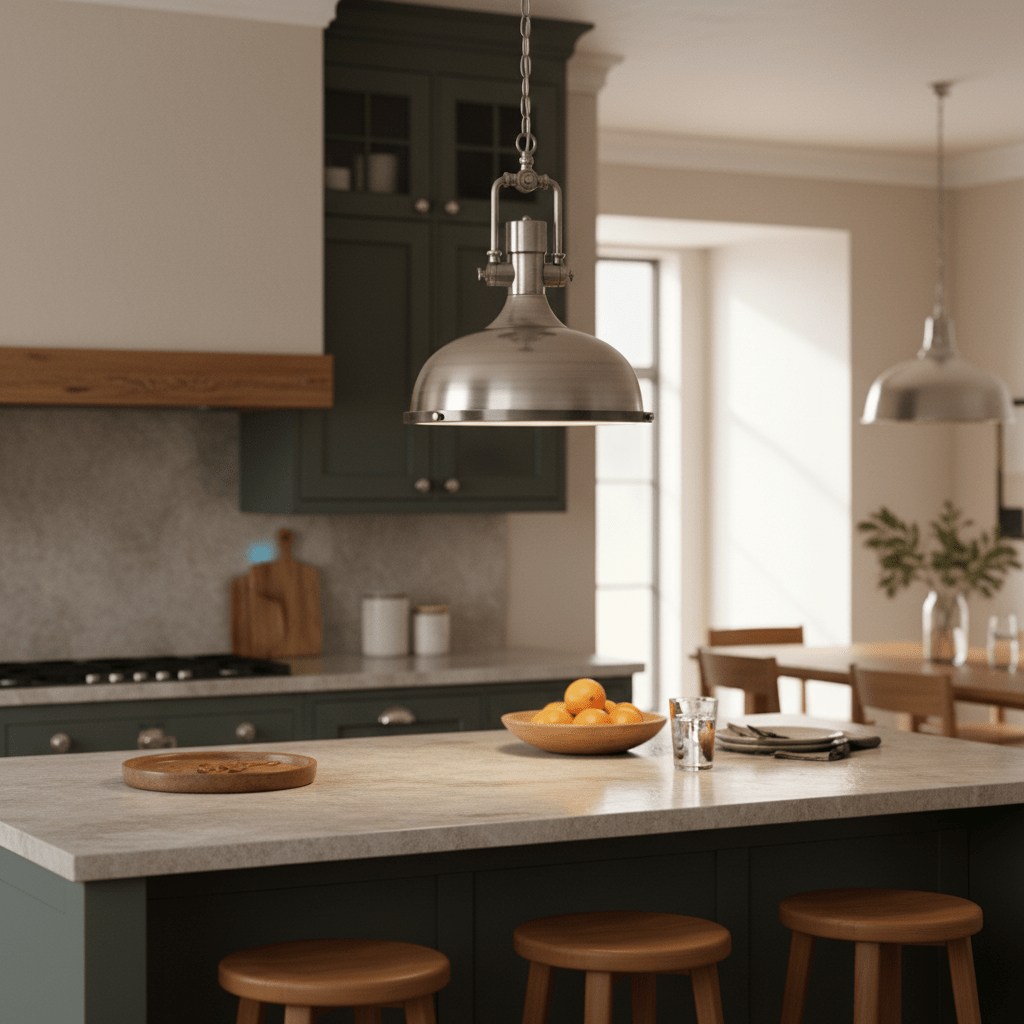 Satin chrome pendant light hanging over a kitchen island with a bowl of oranges and wooden stools.