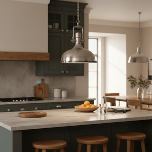Satin chrome pendant light hanging over a kitchen island with a bowl of oranges and wooden stools.
