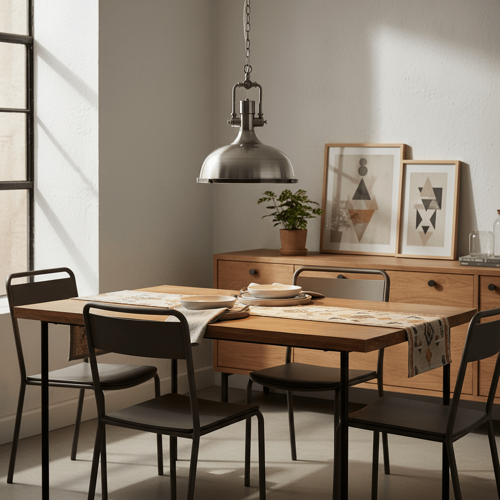 Satin chrome pendant light hanging over a wooden dining table set with plates and a table runner.