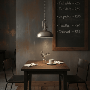 Satin chrome pendant light illuminating a rustic dining table with a coffee cup and cutlery.