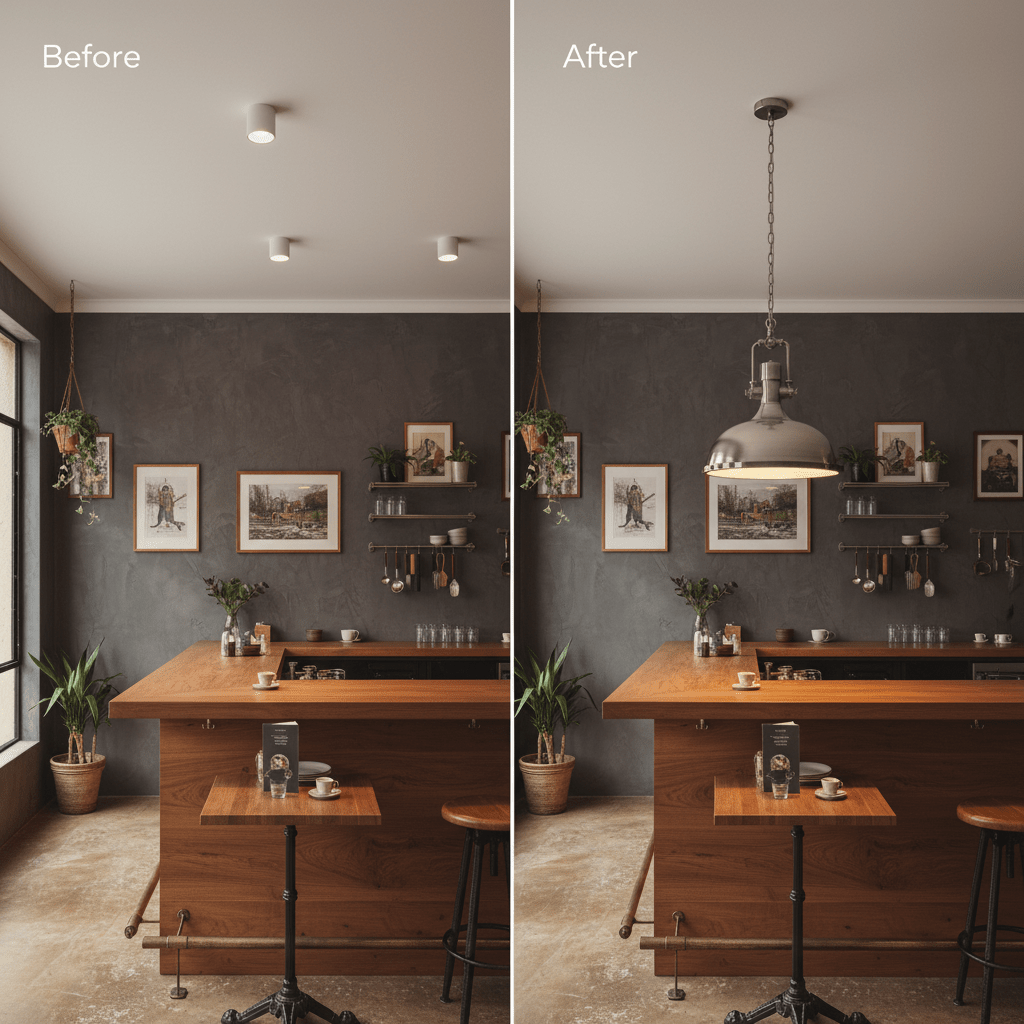 Before and after comparison of kitchen lighting, showcasing the Satin Chrome Pendant PEN902 in a modern setting.