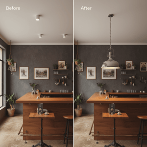 Before and after comparison of kitchen lighting, showcasing the Satin Chrome Pendant PEN902 in a modern setting.