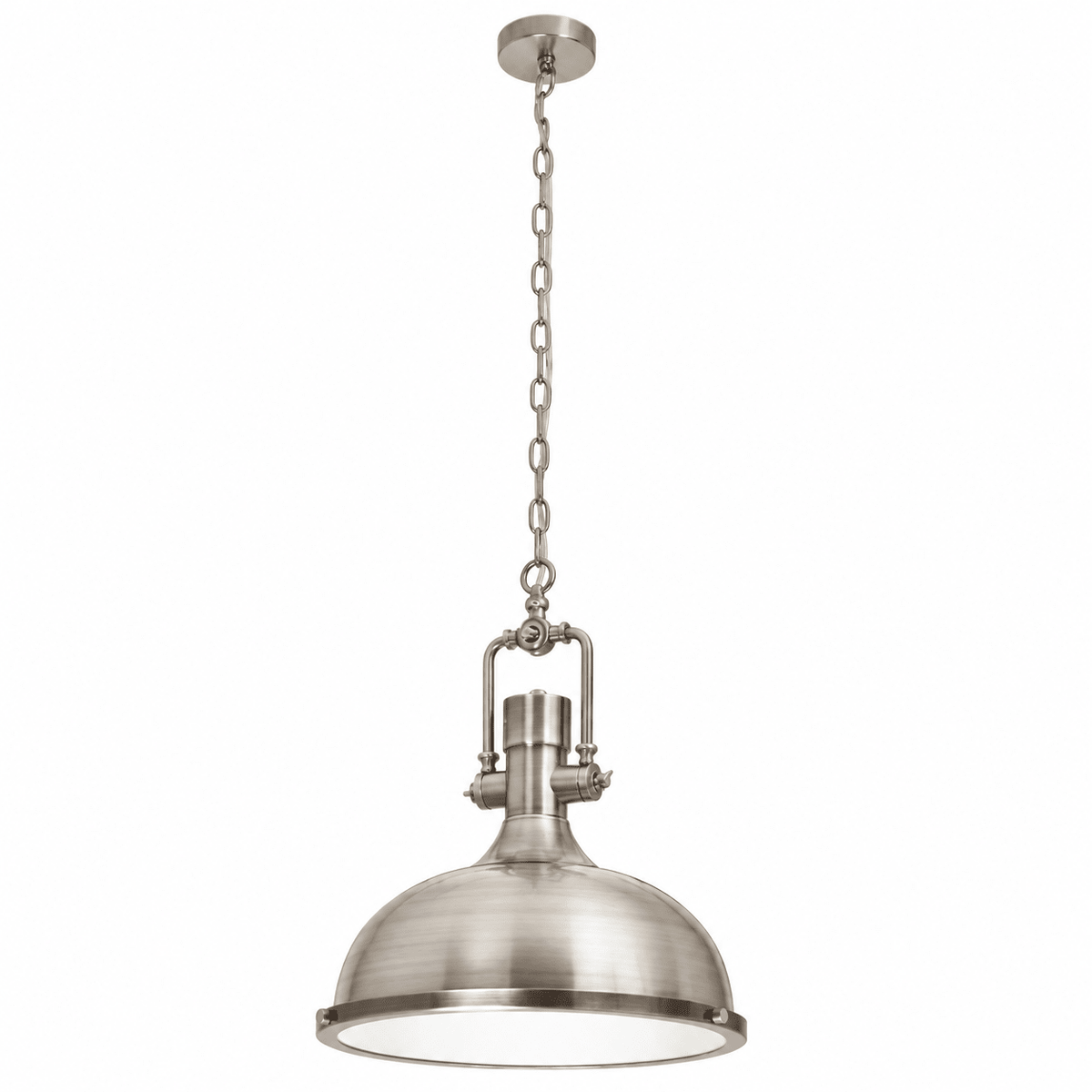 Satin chrome chain pendant with shallow dome shade on a white background