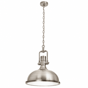 Satin chrome chain pendant with shallow dome shade on a white background