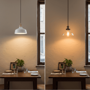 A side-by-side comparison of two pendant lights above a dining table, showcasing different styles and lighting effects.