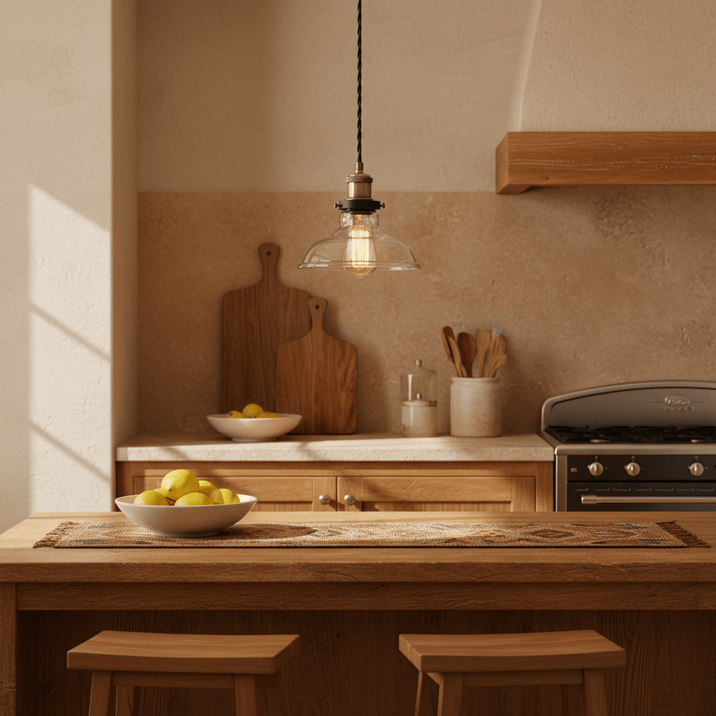 Antique brass pendant light with clear glass shade hanging over a wooden kitchen island with lemons.