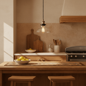 Antique brass pendant light with clear glass shade hanging over a wooden kitchen island with lemons.