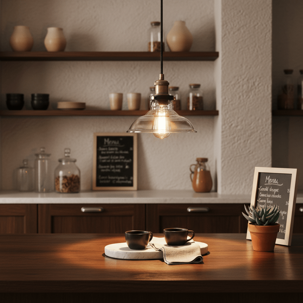 Antique brass pendant light with clear glass shade hanging over a wooden kitchen island, featuring coffee cups and a plant.