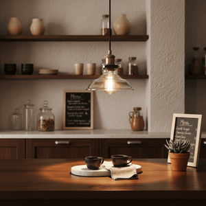 Antique brass pendant light with clear glass shade hanging over a wooden kitchen island, featuring coffee cups and a plant.