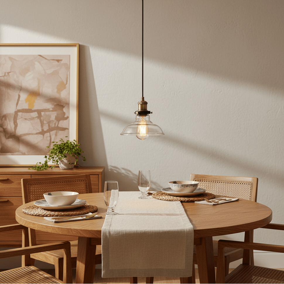 Antique brass pendant light with clear glass shade hanging above a wooden dining table set with dishes.