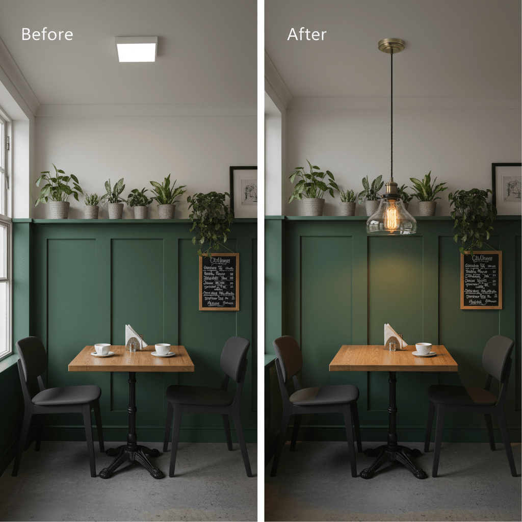 Lifestyle image showing an antique brass pendant light above a wooden table in a green-walled dining area.