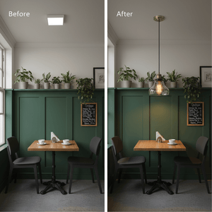 Lifestyle image showing an antique brass pendant light above a wooden table in a green-walled dining area.