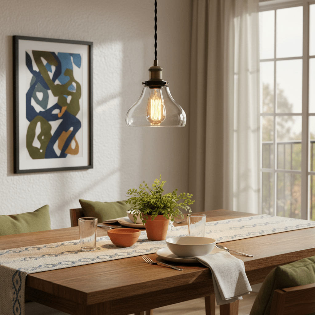 Antique brass pendant light with clear glass shade hanging above a dining table set with dishes and a potted plant.