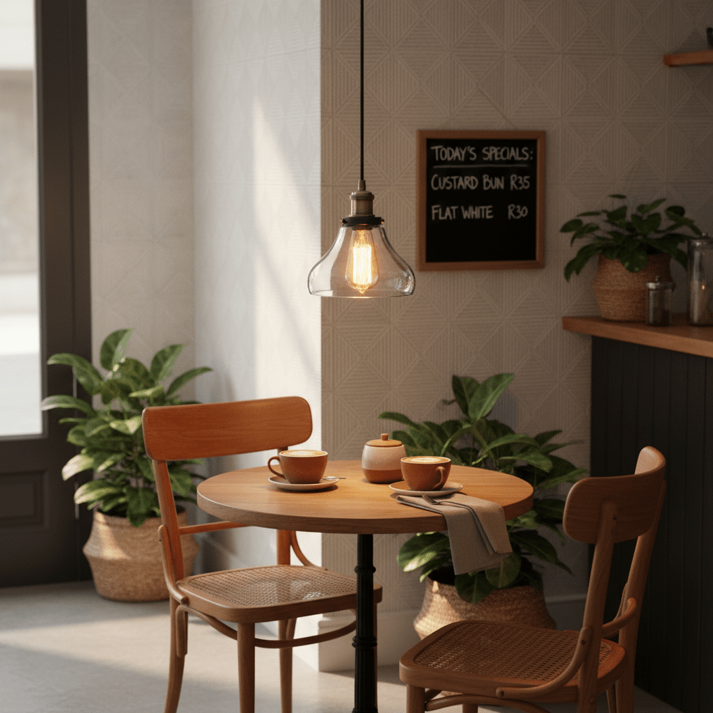 Antique brass pendant light with clear glass shade hanging above a wooden table with coffee cups.