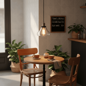 Antique brass pendant light with clear glass shade hanging above a wooden table with coffee cups.
