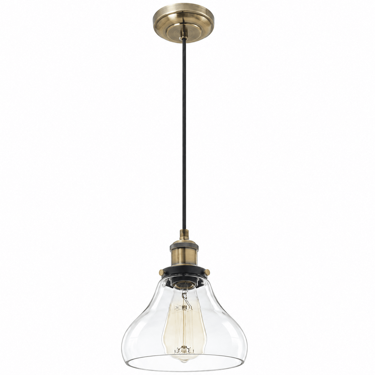 Antique brass pendant with clear glass shade and bulb on a white background