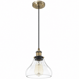Antique brass pendant with clear glass shade and bulb on a white background
