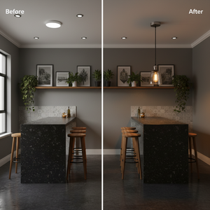 Before and after comparison of a kitchen island with pendant lighting, showcasing improved illumination.